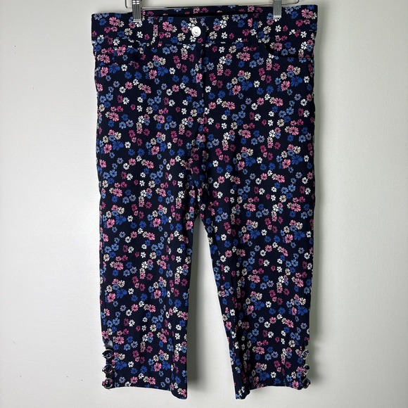 Verve Blues Capri Bermuda Pants Women 14  Dark Blue Small Flower Print Stretchy‎ - Picture 1 of 13